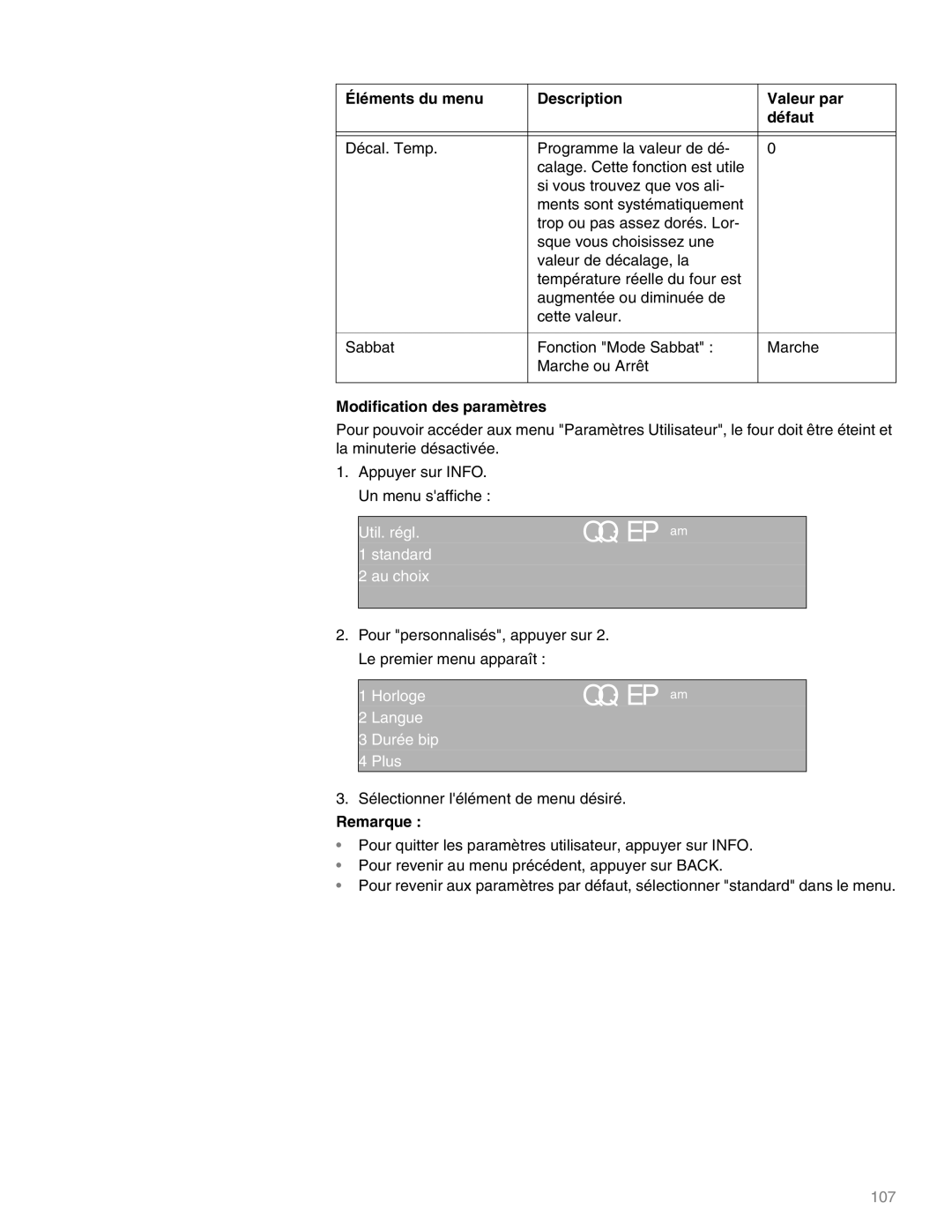 Thermador M301E, M271E manual Modification des paramètres, Standard Au choix 