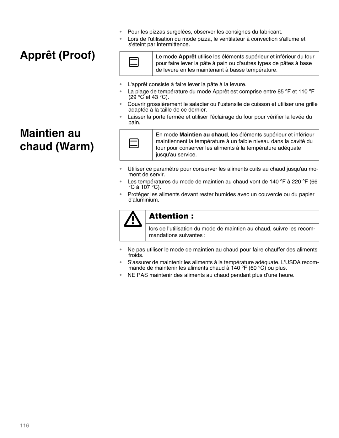 Thermador M271E, M301E manual Apprêt Proof, Maintien au chaud Warm 