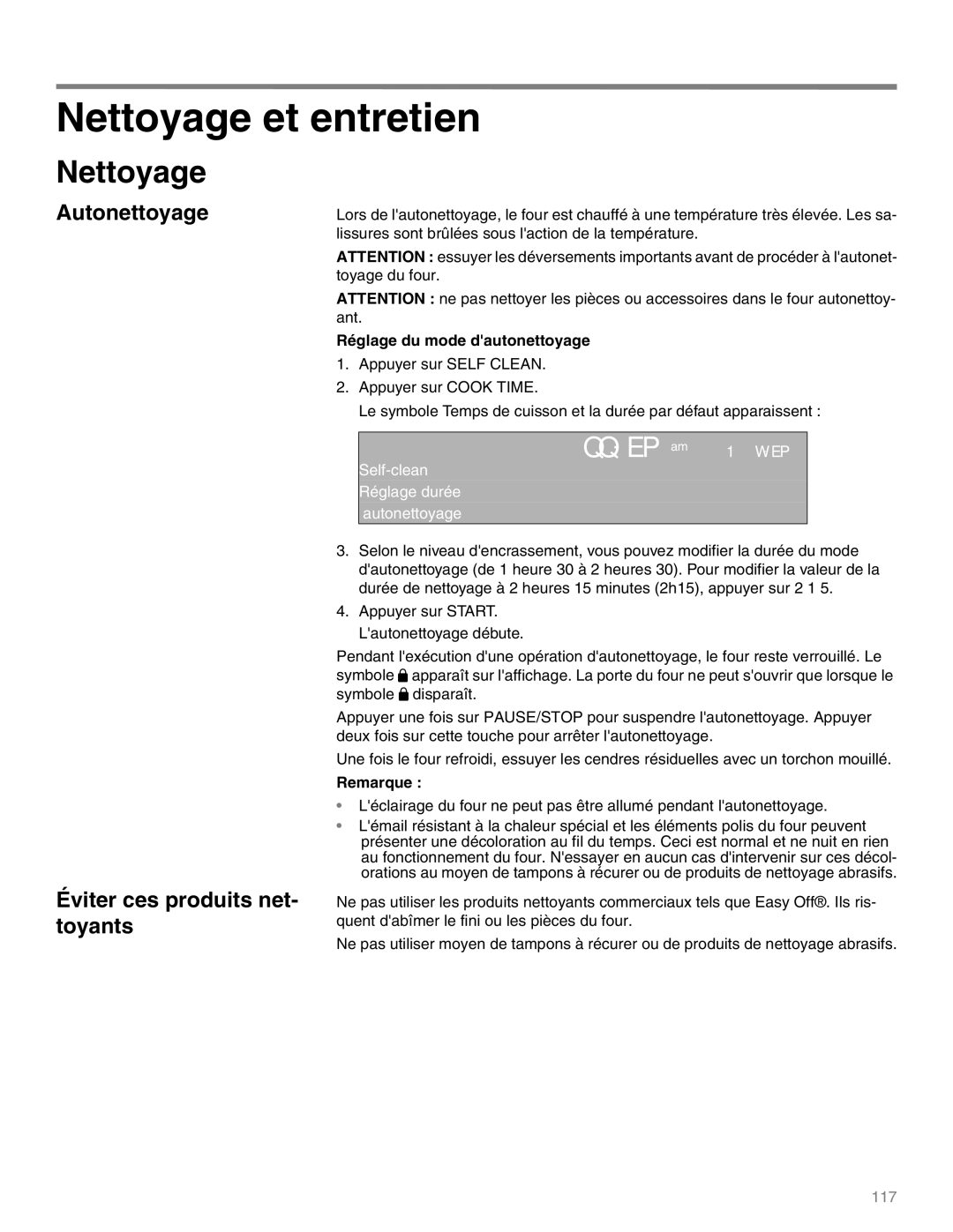 Thermador M301E Nettoyage et entretien, Autonettoyage Éviter ces produits net- toyants, Réglage du mode dautonettoyage 