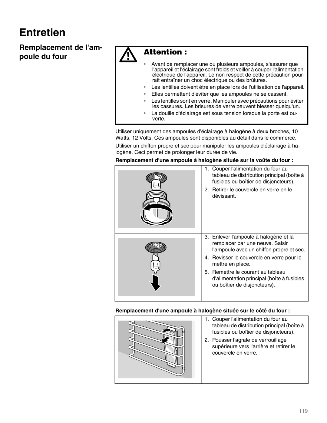 Thermador M301E, M271E manual Entretien, Remplacement de lam- poule du four 