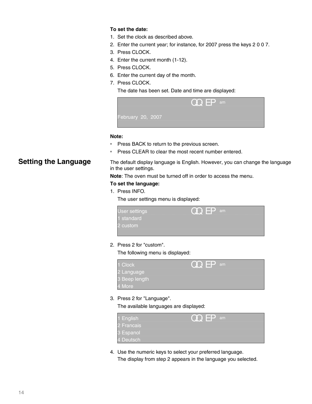 Thermador M271E, M301E manual Setting the Language, To set the date, To set the language 