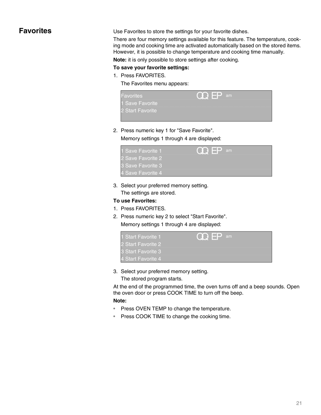 Thermador M301E, M271E manual To save your favorite settings, To use Favorites 