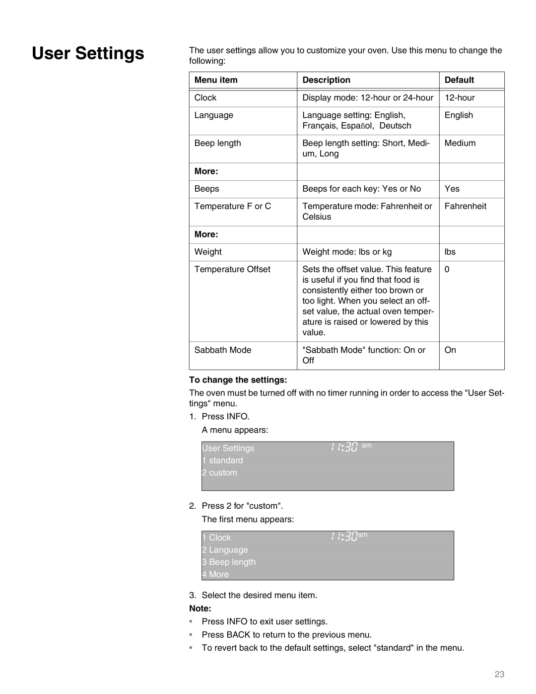 Thermador M301E, M271E manual User Settings, Menu item Description Default, More, To change the settings 