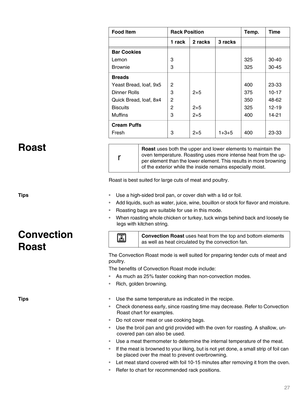 Thermador M301E, M271E Convection Roast, Tips Food Item Rack Position Temp Time Racks Bar Cookies, Breads, Cream Puffs 