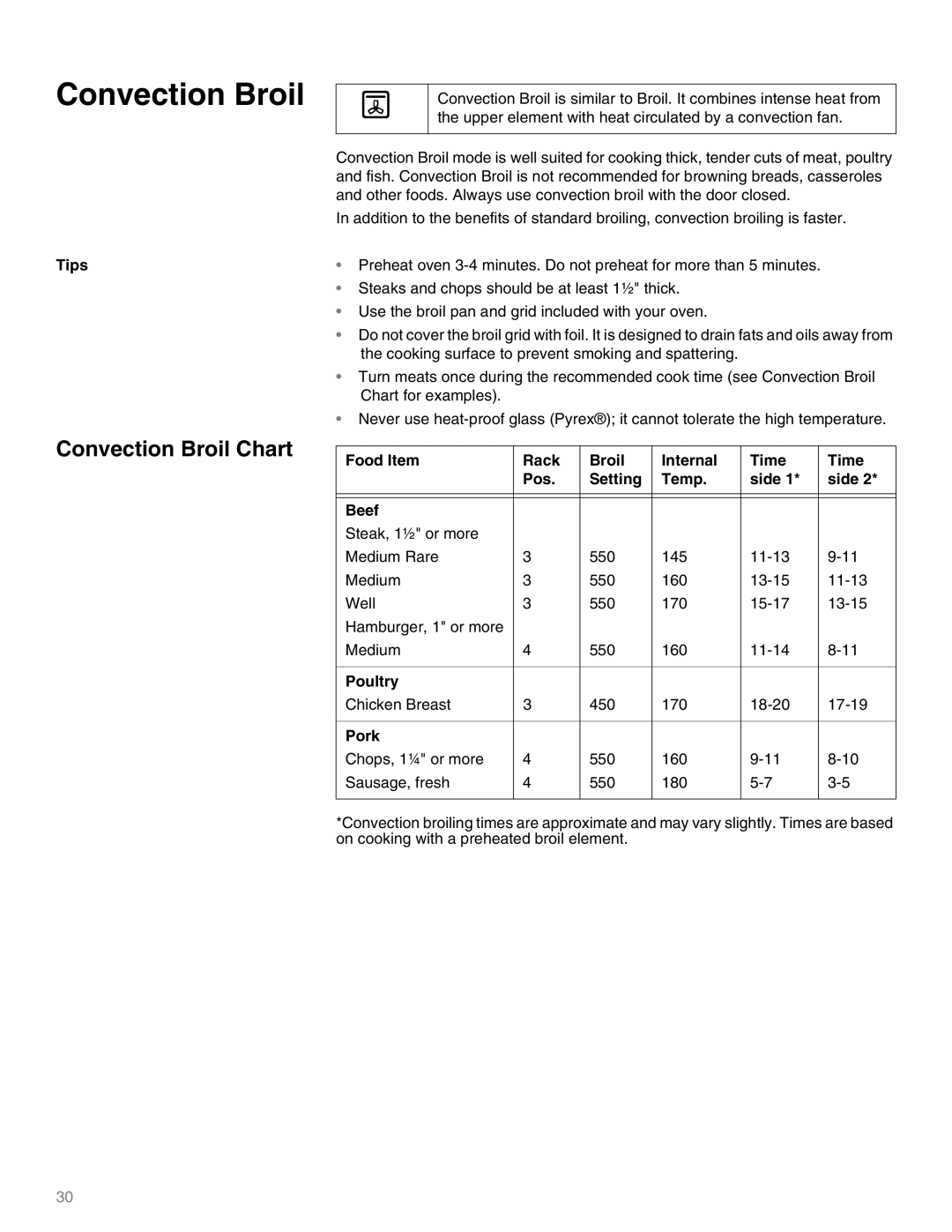 Thermador M271E, M301E manual Convection Broil Chart 