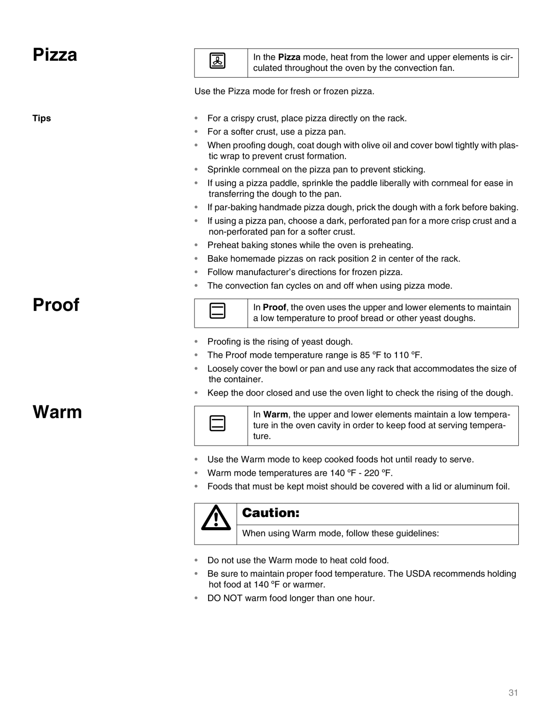 Thermador M301E, M271E manual Pizza, Proof Warm 