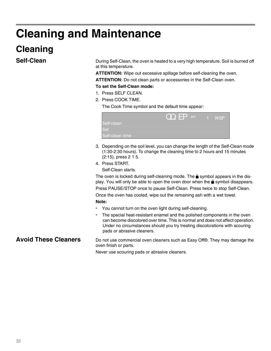 Thermador M271E, M301E manual Cleaning and Maintenance, Avoid These Cleaners, To set the Self-Clean mode 