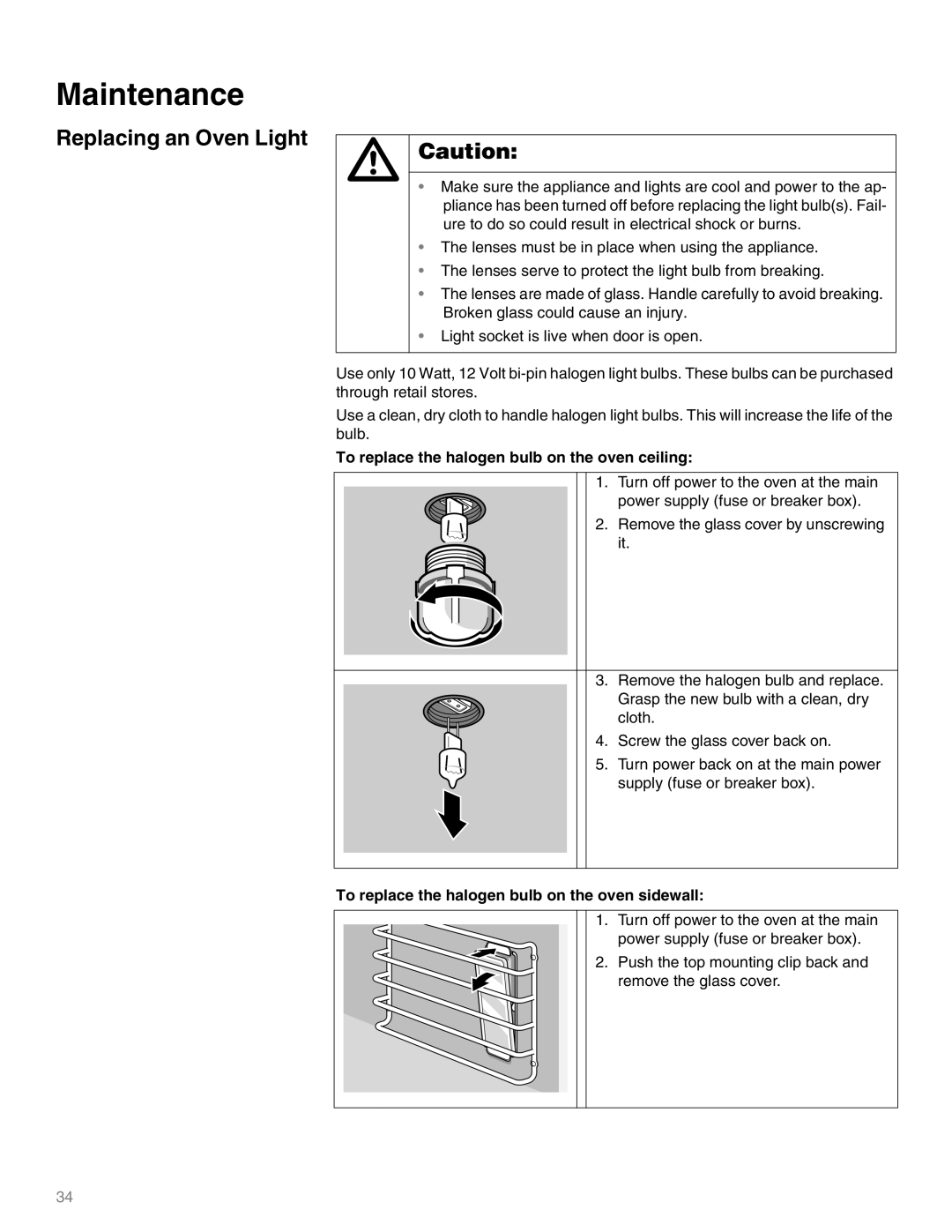 Thermador M271E, M301E manual Maintenance, Replacing an Oven Light, To replace the halogen bulb on the oven ceiling 