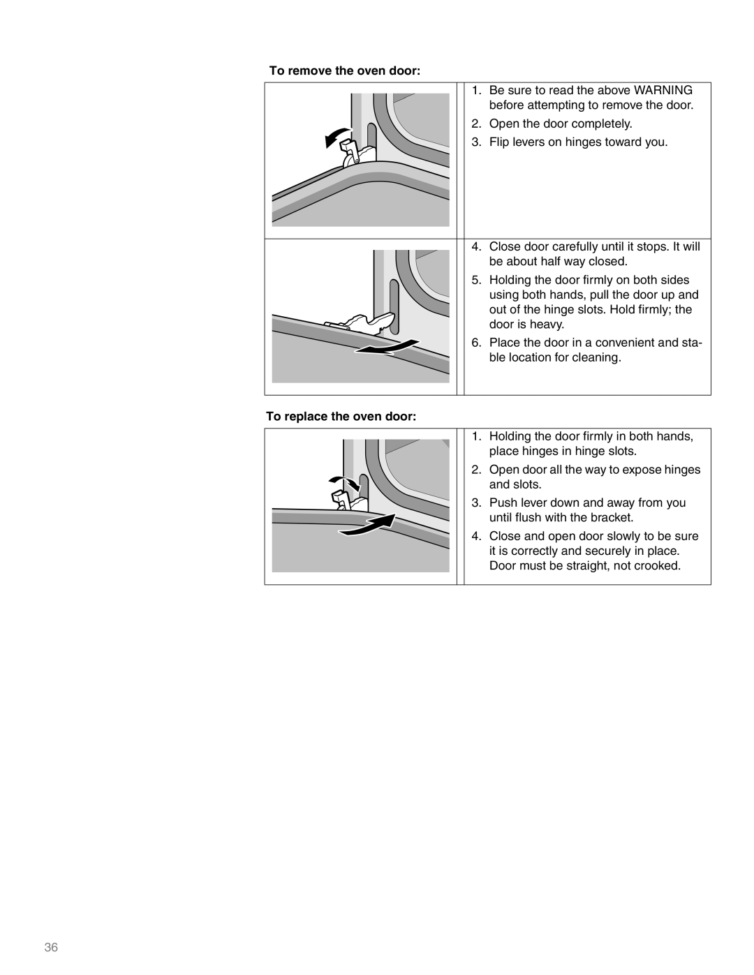 Thermador M271E, M301E manual To remove the oven door, To replace the oven door 