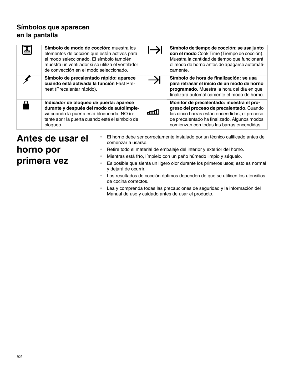 Thermador M271E, M301E manual Antes de usar el horno por primera vez, Símbolos que aparecen en la pantalla 