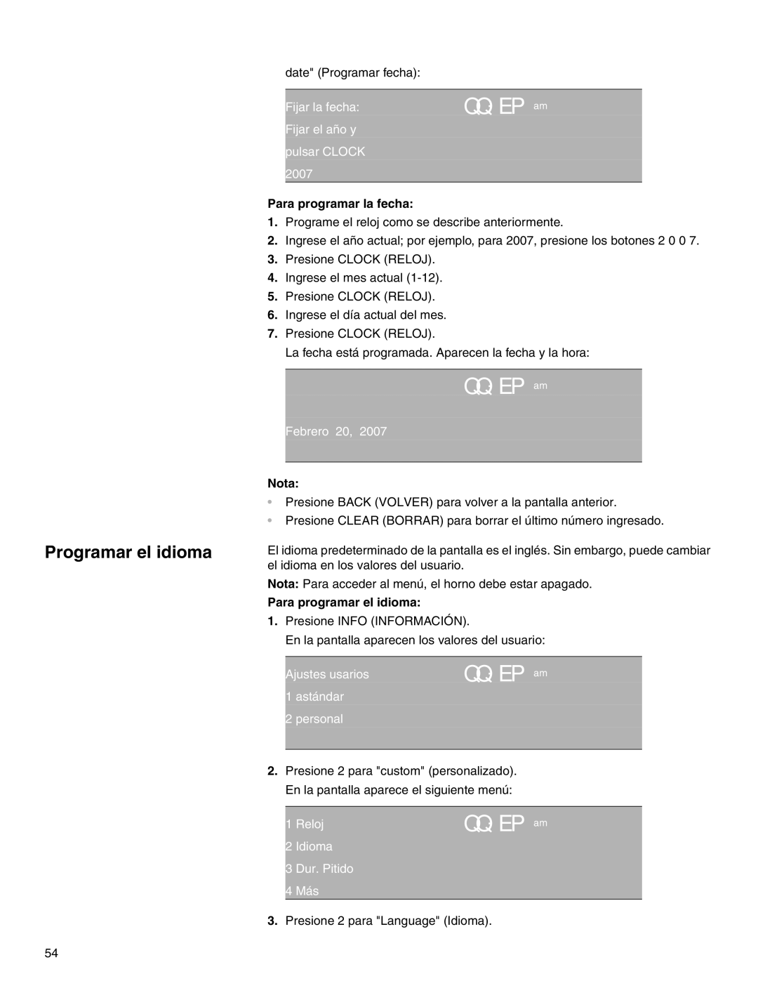 Thermador M271E, M301E manual Programar el idioma, Para programar la fecha, Nota, Para programar el idioma 