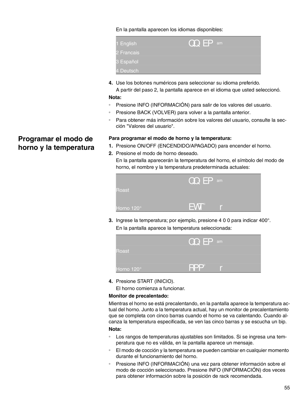 Thermador M301E Francais Español Deutsch, Para programar el modo de horno y la temperatura, Roast, Monitor de precalentado 