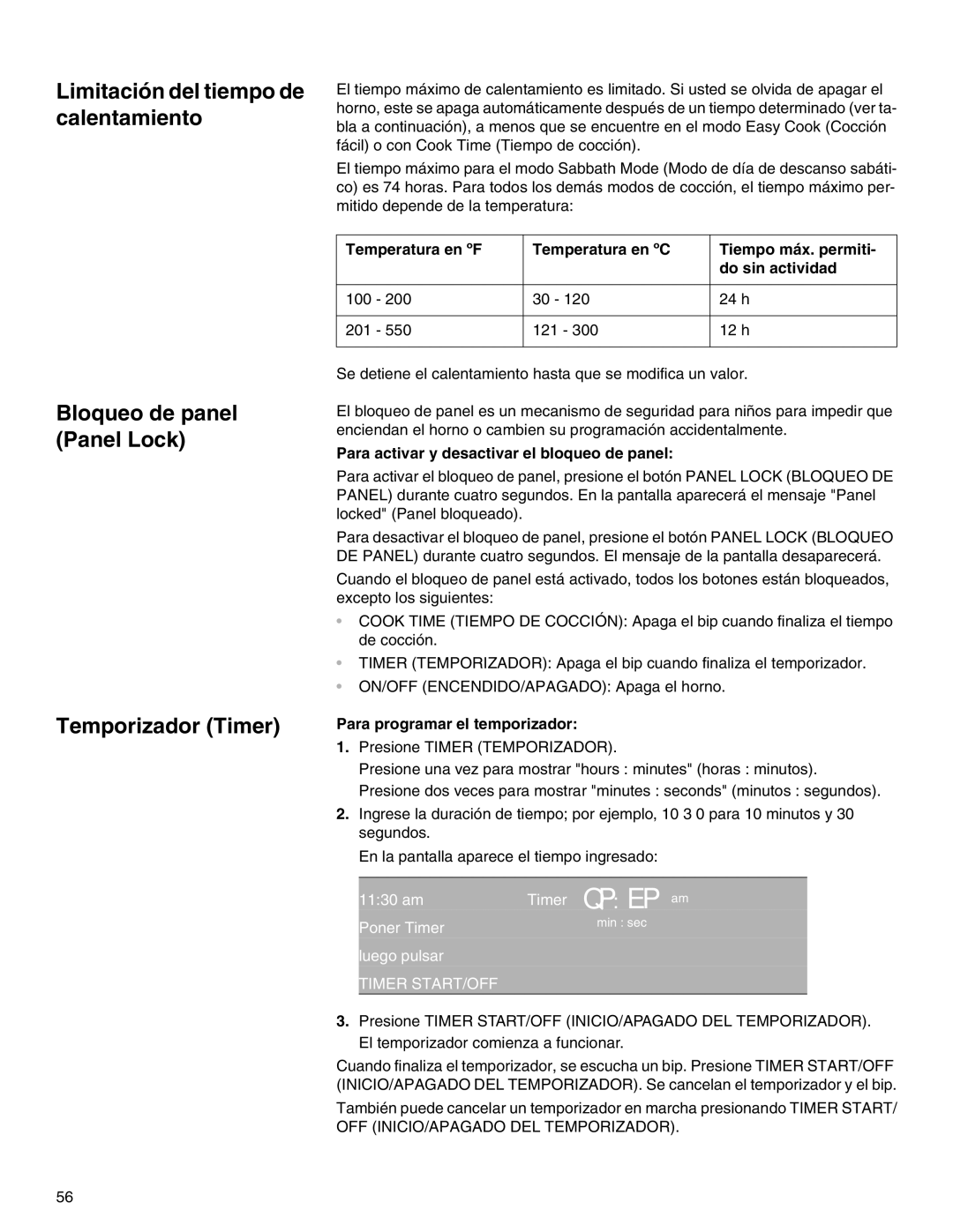 Thermador M271E Limitación del tiempo de calentamiento, Temporizador Timer, Para activar y desactivar el bloqueo de panel 