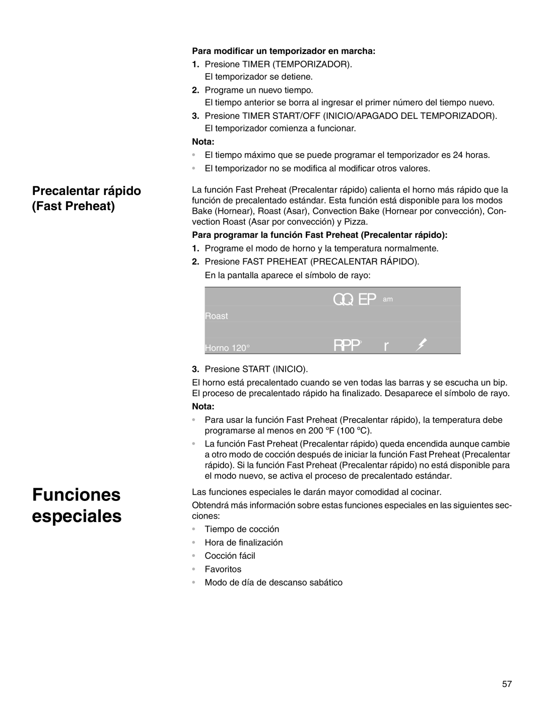 Thermador M301E, M271E manual Funciones especiales, Para modificar un temporizador en marcha, Roast Horno 