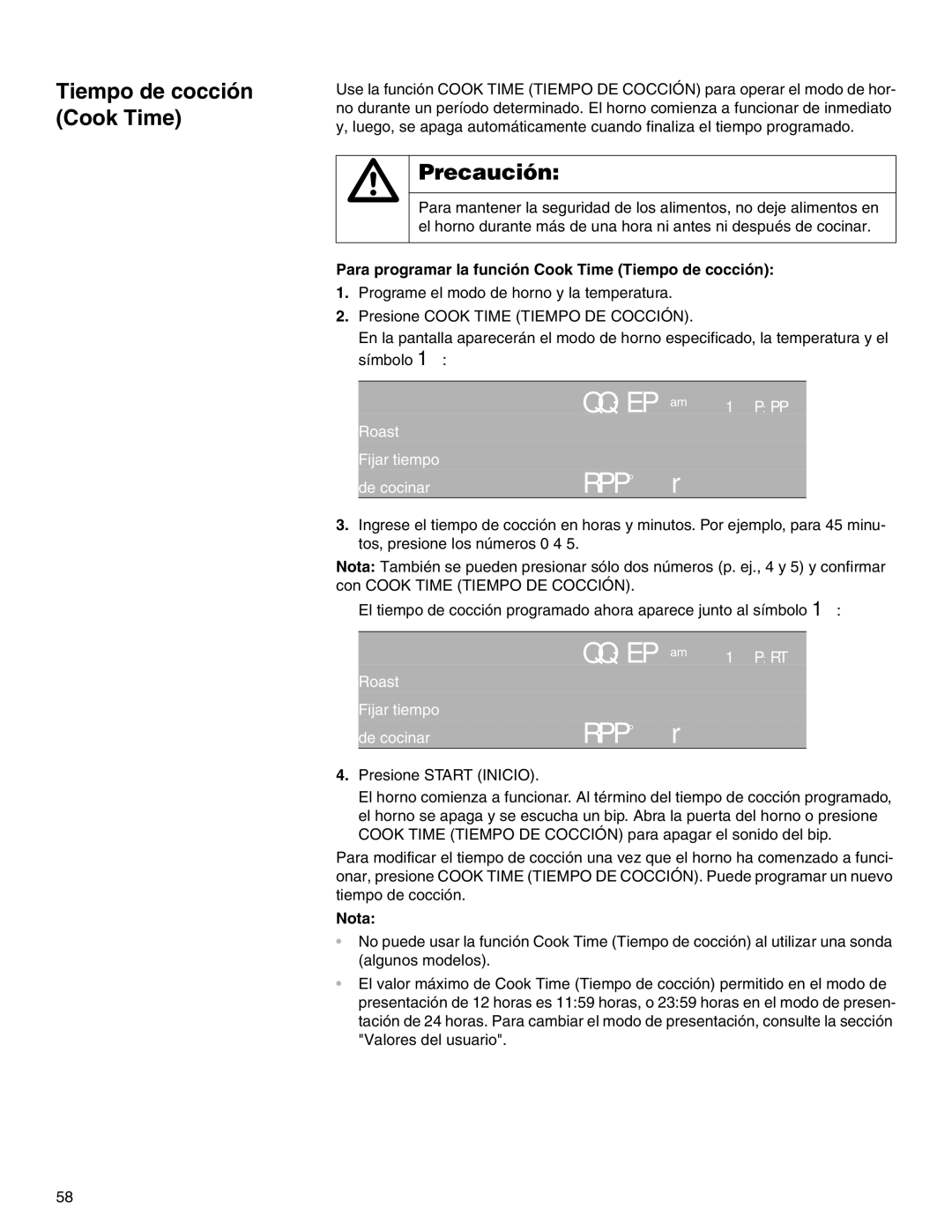 Thermador M271E, M301E manual Para programar la función Cook Time Tiempo de cocción, Roast Fijar tiempo, De cocinar 