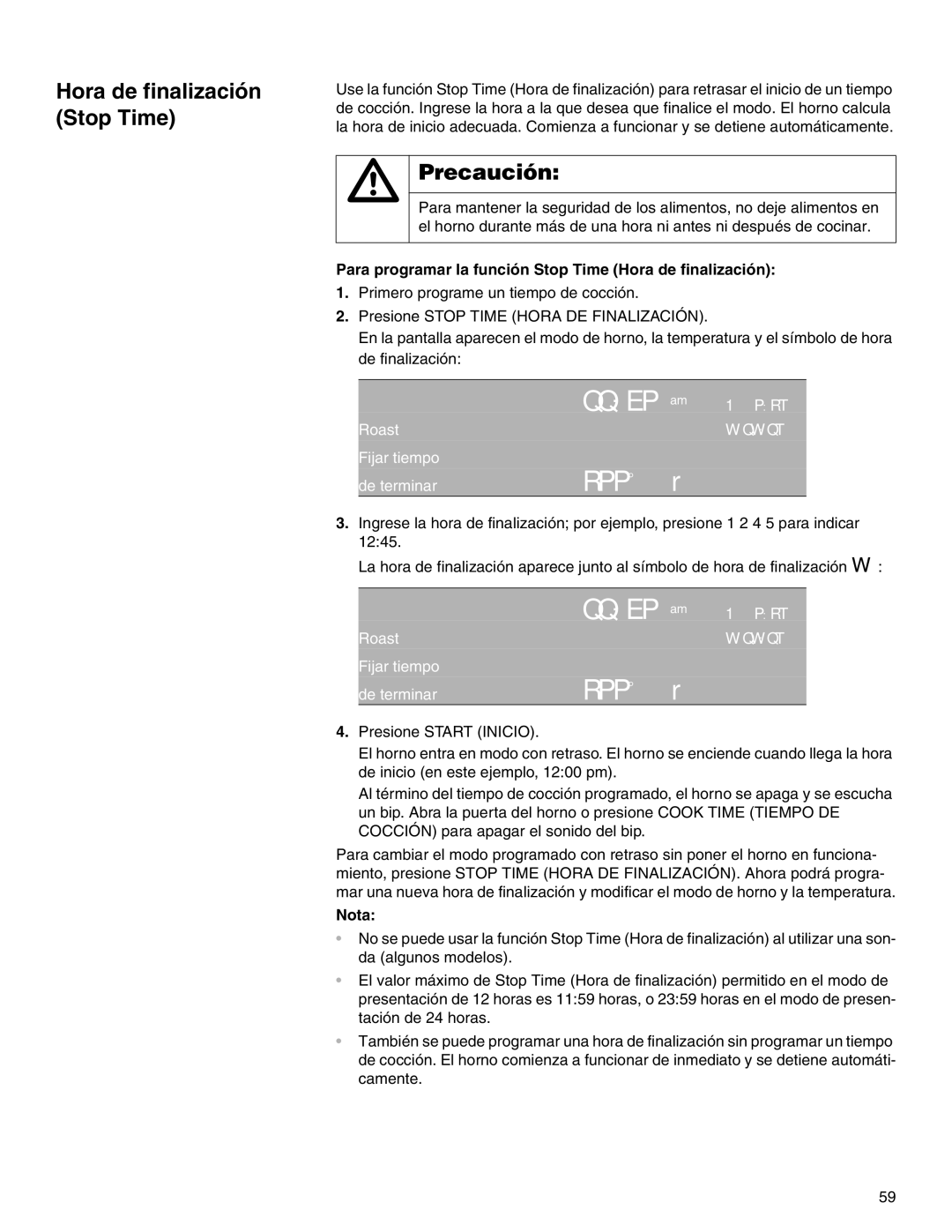 Thermador M301E, M271E manual Hora de finalización Stop Time, Para programar la función Stop Time Hora de finalización 