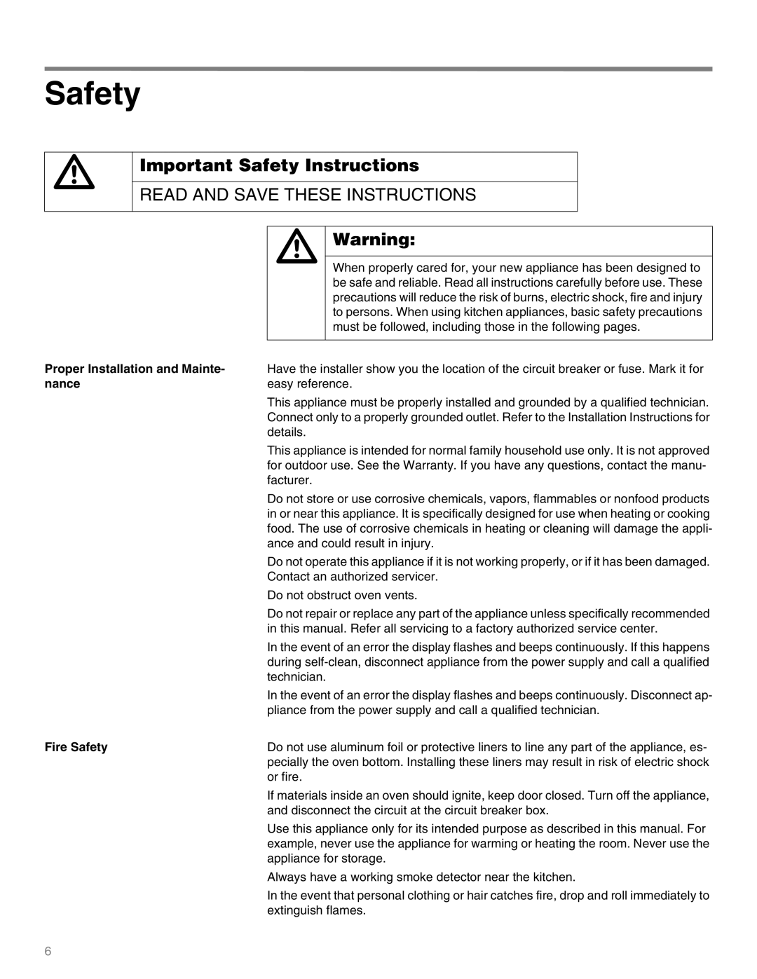 Thermador M271E, M301E manual Important Safety Instructions, Proper Installation and Mainte, Nance, Fire Safety 