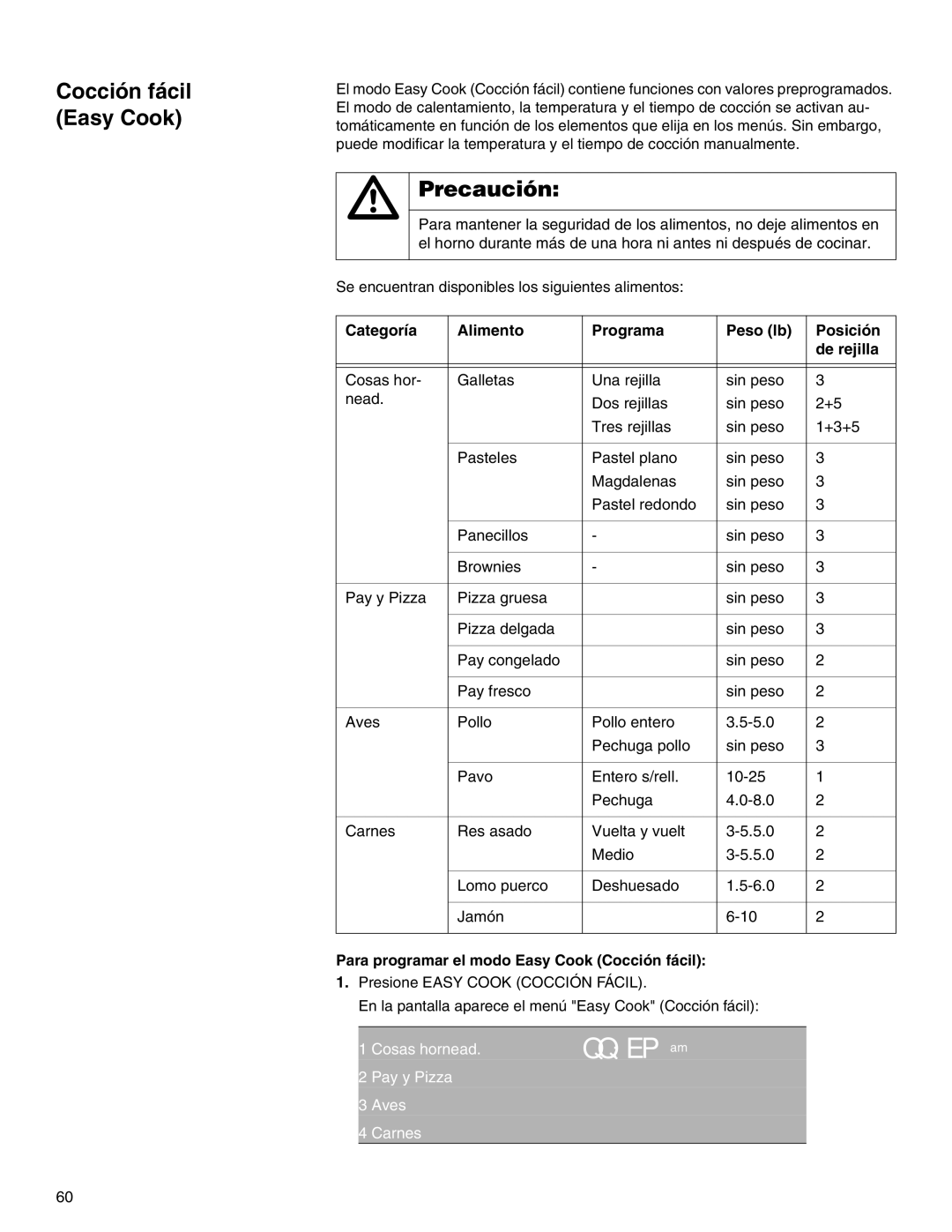 Thermador M271E, M301E Cocción fácil Easy Cook, Categoría Alimento Programa Peso lb Posición De rejilla, Cosas hornead 