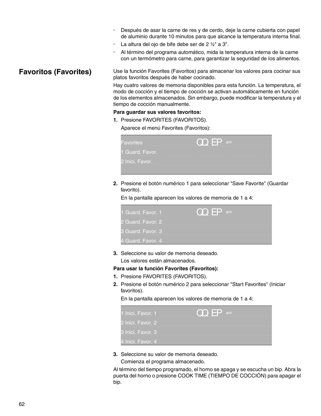 Thermador M271E, M301E manual Favoritos Favorites, Para guardar sus valores favoritos, Guard. Favor Inici. Favor 