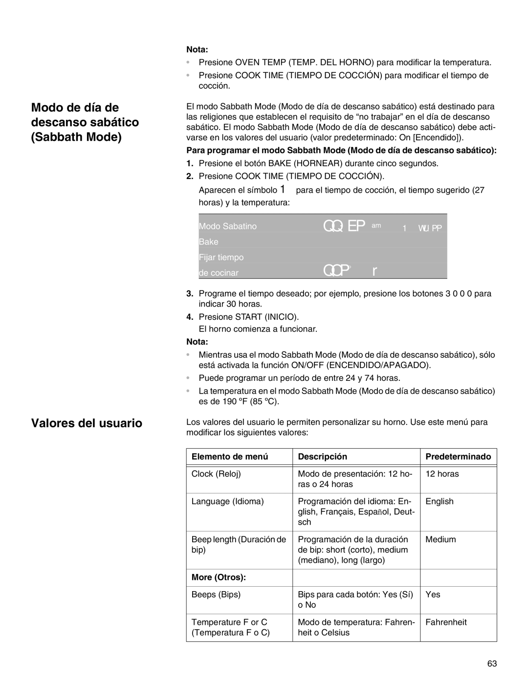 Thermador M301E, M271E Valores del usuario, Modo Sabatino, Bake Fijar tiempo, Elemento de menú Descripción Predeterminado 