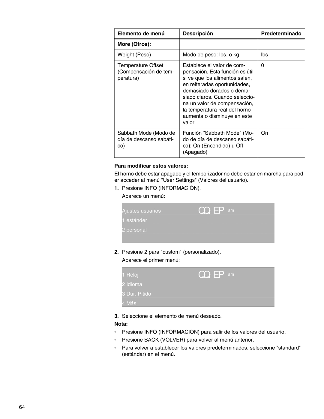 Thermador M271E Elemento de menú Descripción Predeterminado More Otros, Para modificar estos valores, Estánder Personal 