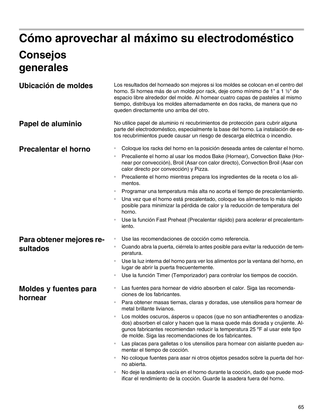 Thermador M301E, M271E manual Consejos generales, Ubicación de moldes 