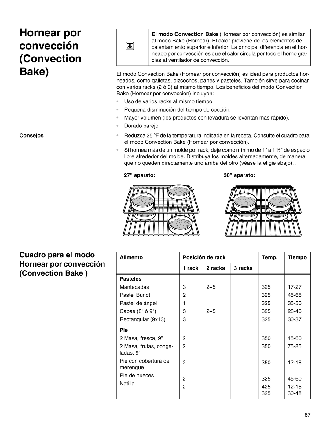 Thermador M301E, M271E manual Cuadro para el modo Hornear por convección Convection Bake 