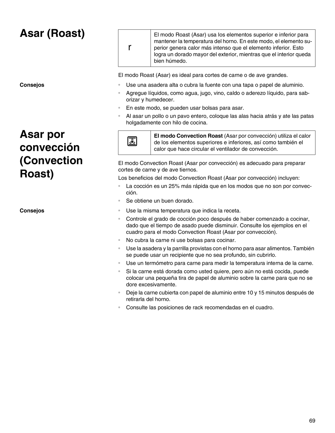 Thermador M301E, M271E manual Asar Roast, Asar por convección Convection Roast 