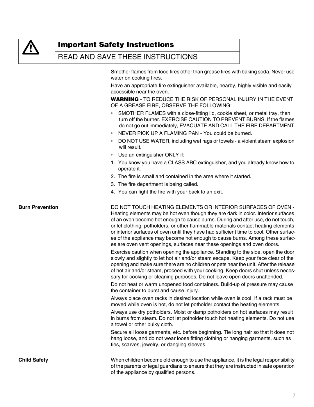 Thermador M301E, M271E manual Burn Prevention, Child Safety 