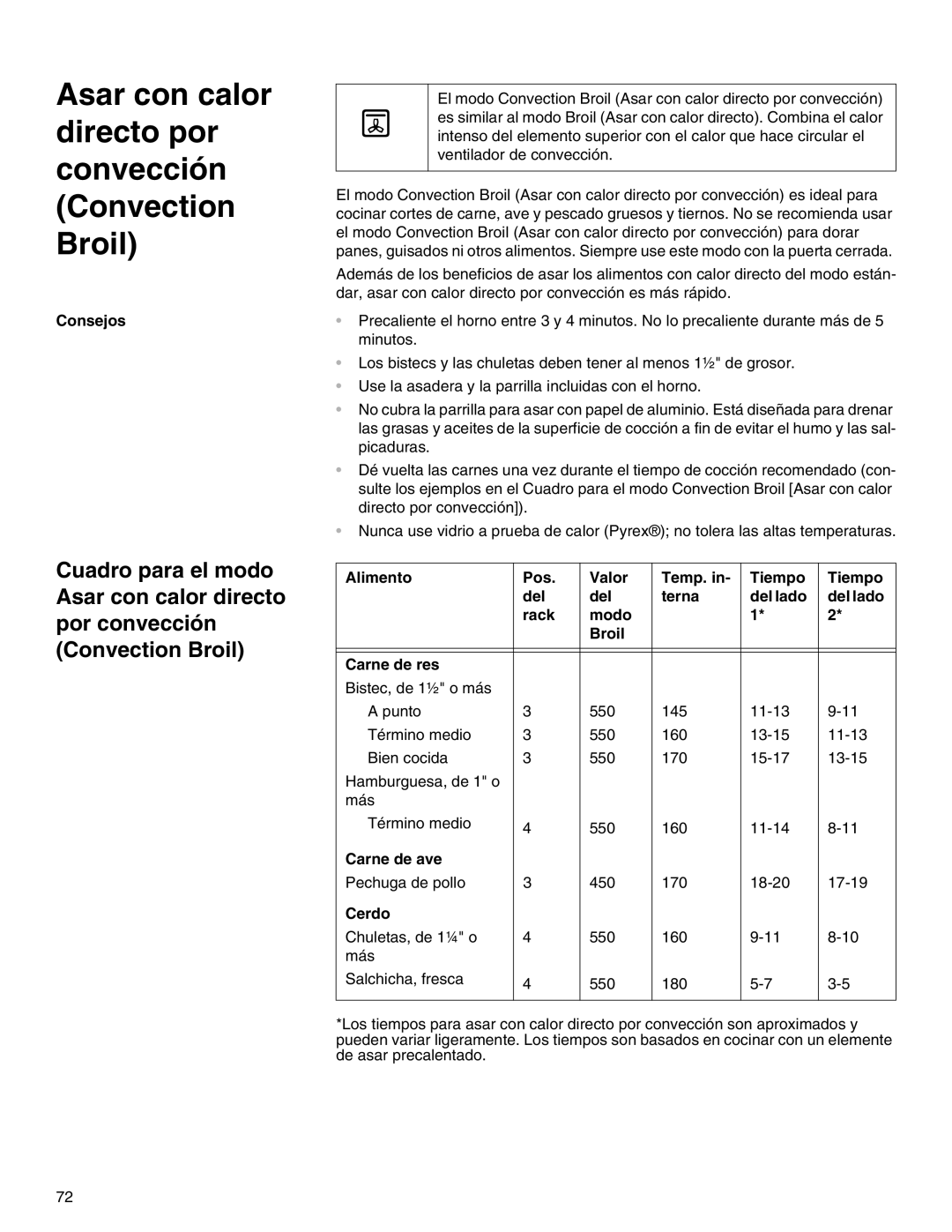 Thermador M271E, M301E manual Asar con calor directo por convección Convection Broil 