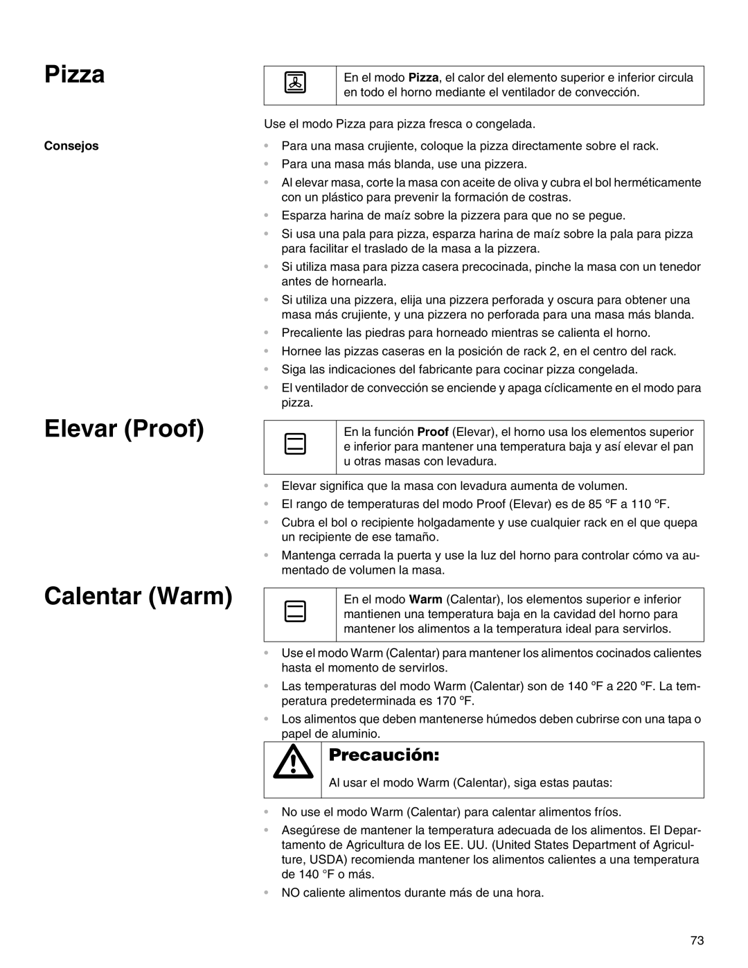 Thermador M301E, M271E manual Pizza, Elevar Proof Calentar Warm 