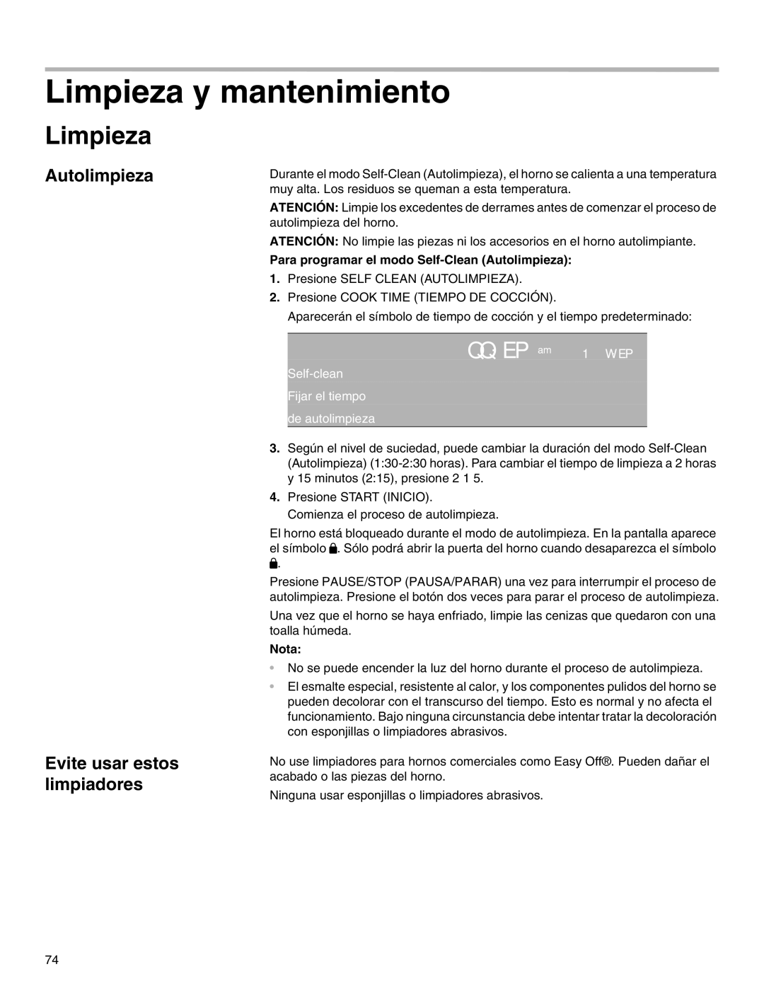 Thermador M271E, M301E manual Limpieza y mantenimiento, Para programar el modo Self-Clean Autolimpieza 