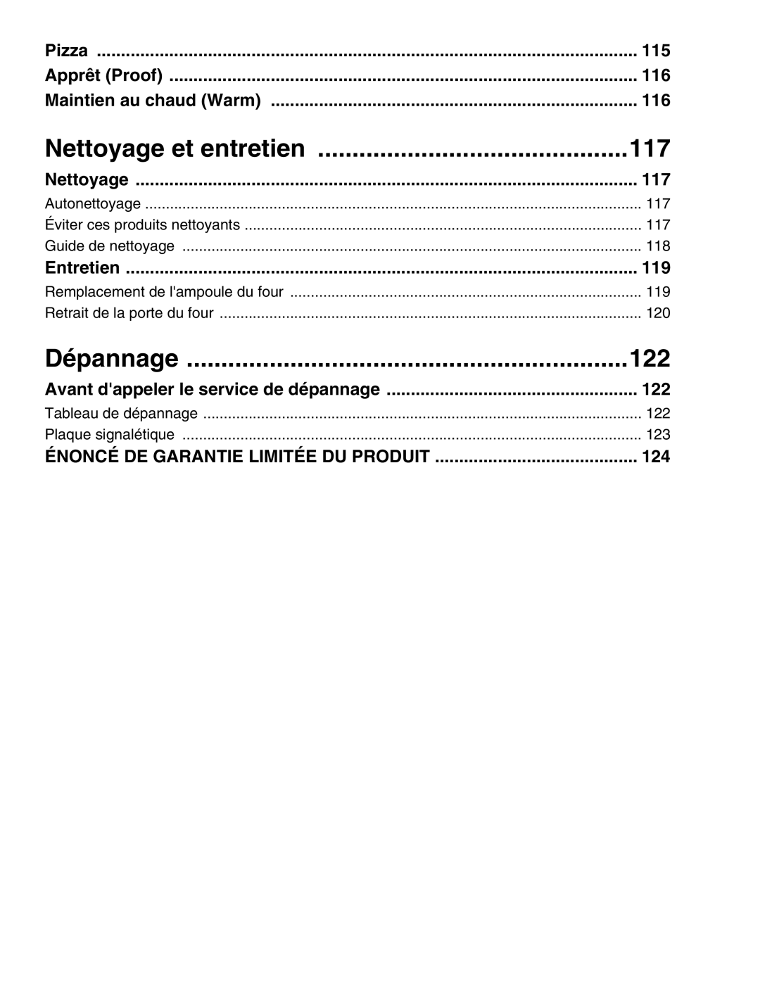 Thermador M271E, M301E manual Nettoyage et entretien 117, Dépannage 122 