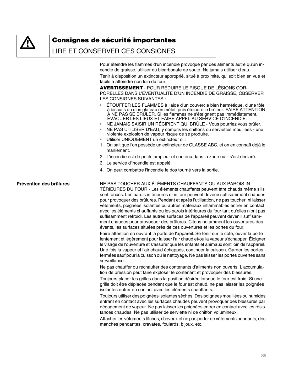 Thermador M301E, M271E manual Évacuer LES Lieux ET Faire Appel AU Service Dincendie, Prévention des brûlures 