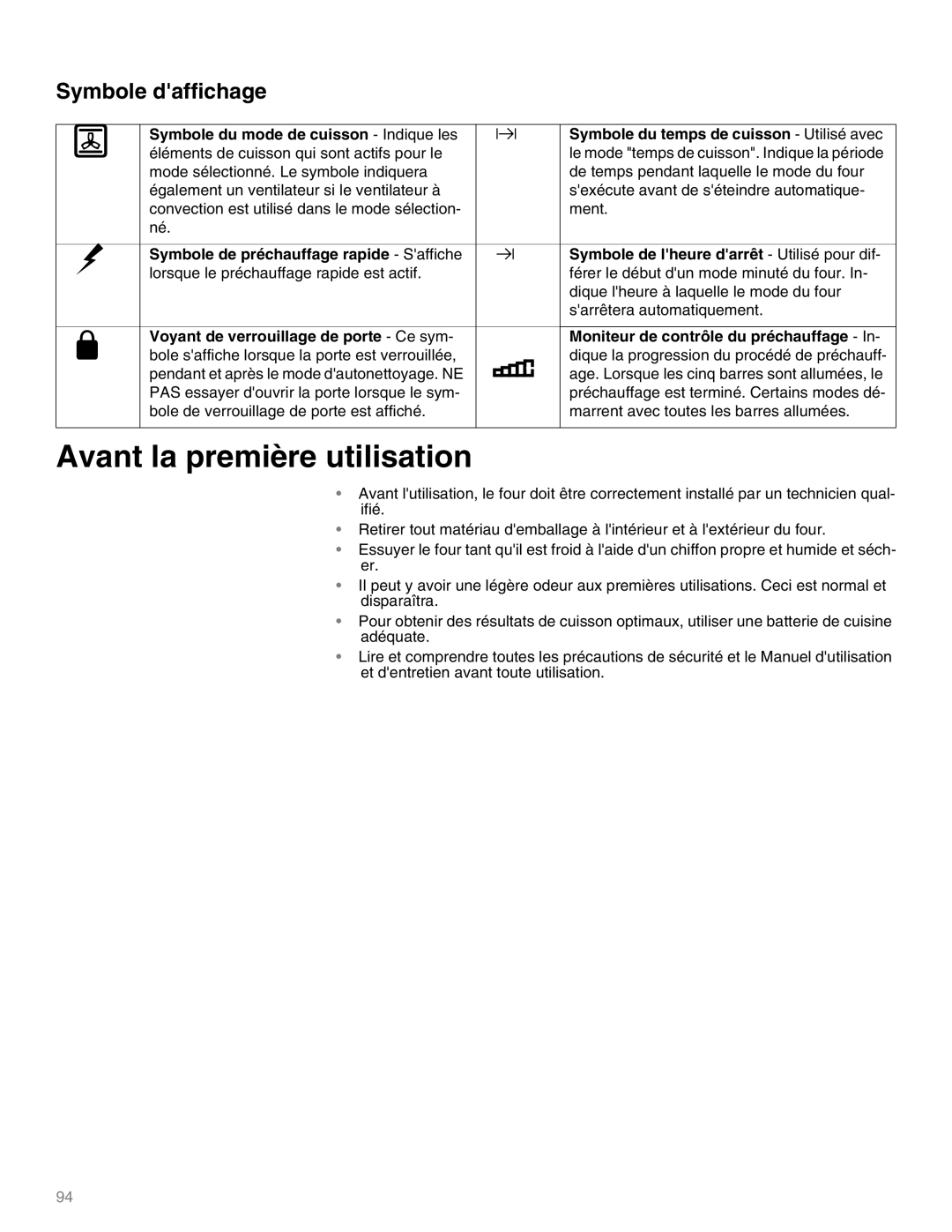 Thermador M271E, M301E manual Avant la première utilisation, Symbole daffichage 