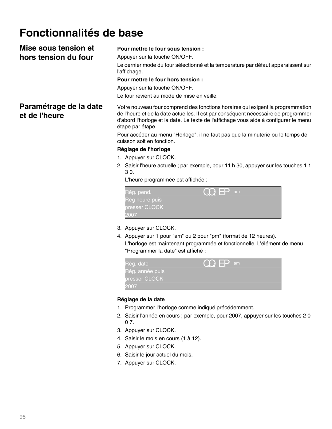 Thermador M271E, M301E manual Fonctionnalités de base, Paramétrage de la date et de lheure 