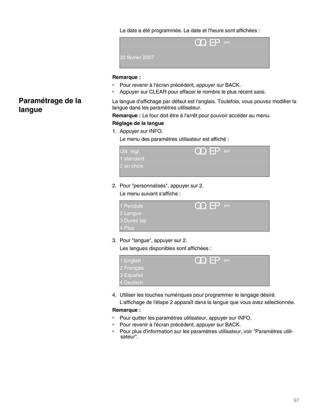 Thermador M301E, M271E manual Paramétrage de la langue, Remarque, Réglage de la langue 