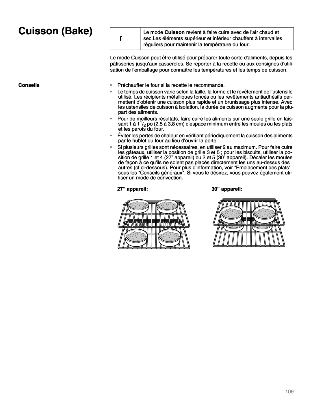 Thermador M301E, M271E manual Cuisson Bake, Conseils, 27” appareil 