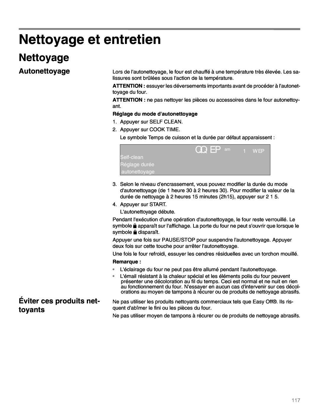 Thermador M301E, M271E manual Nettoyage et entretien, QQ: EP am 1 W: EP, Réglage du mode dautonettoyage, Remarque 