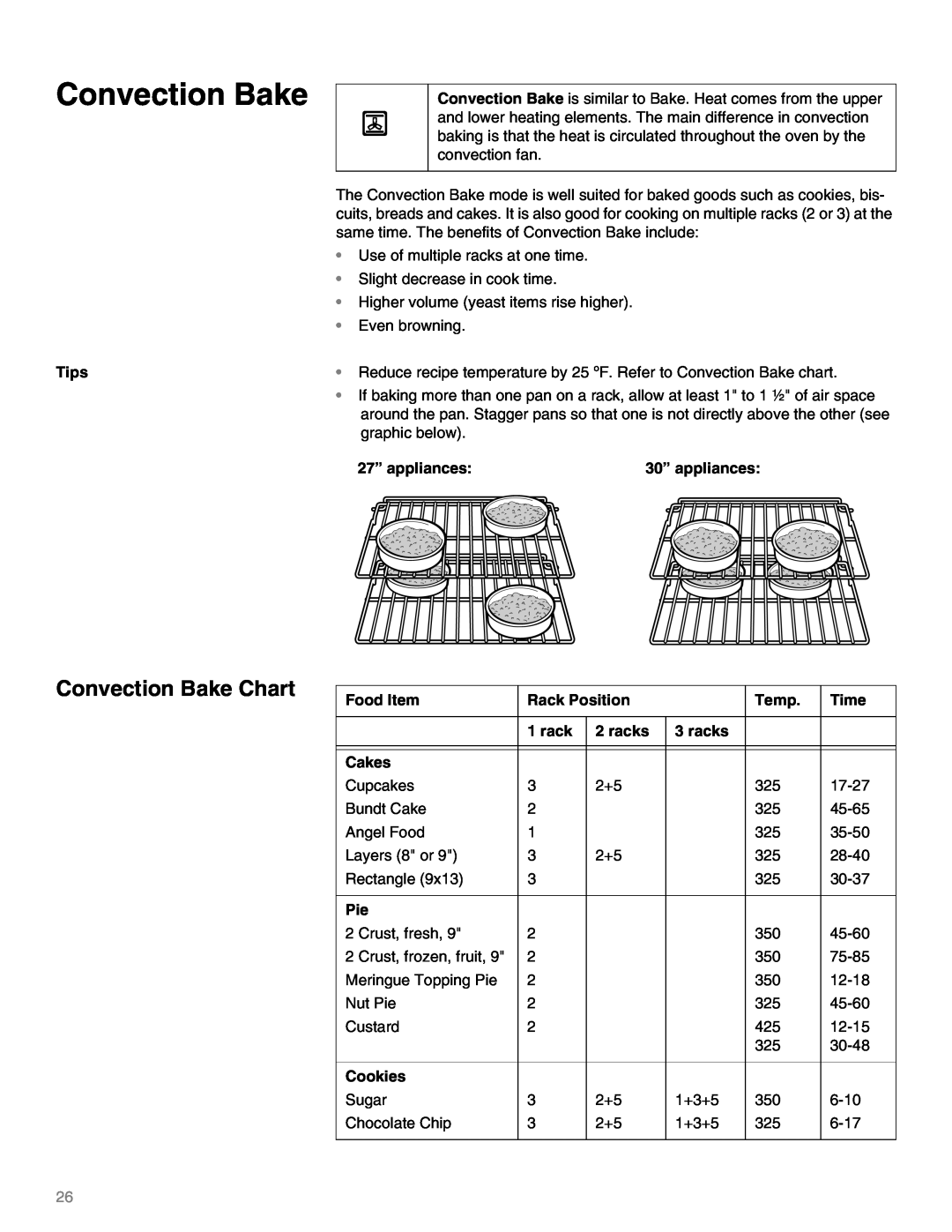 Thermador M271E Convection Bake, Tips, 27” appliances, 30” appliances, Food Item, Rack Position, Temp, Time, racks 