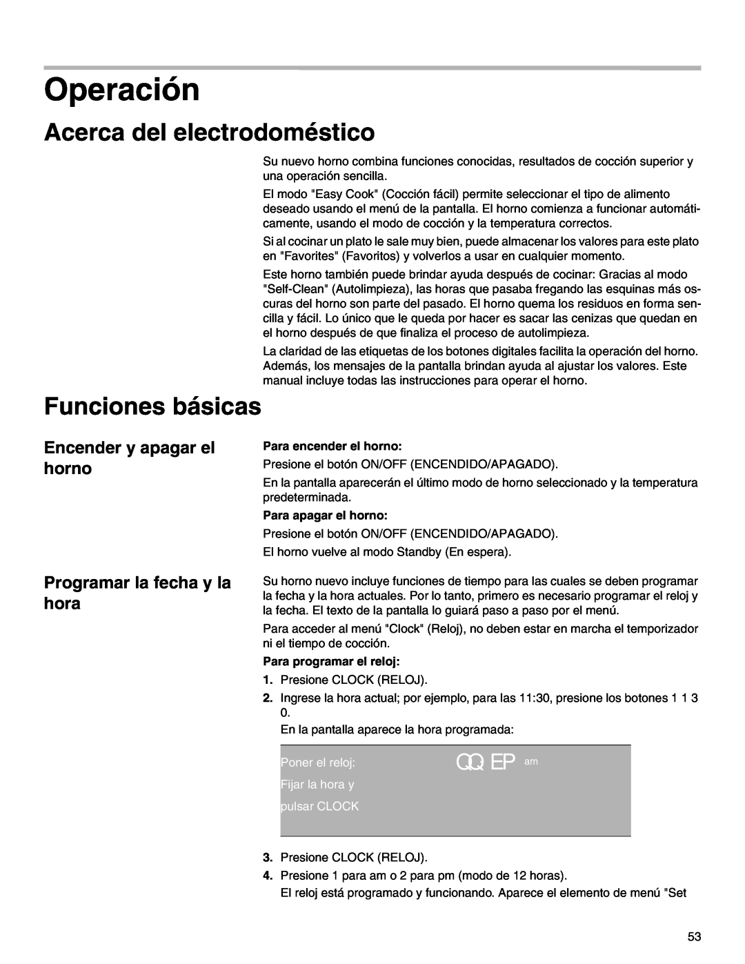 Thermador M301E, M271E manual Operación, Acerca del electrodoméstico, Funciones básicas, QQ: EP am, Para encender el horno 