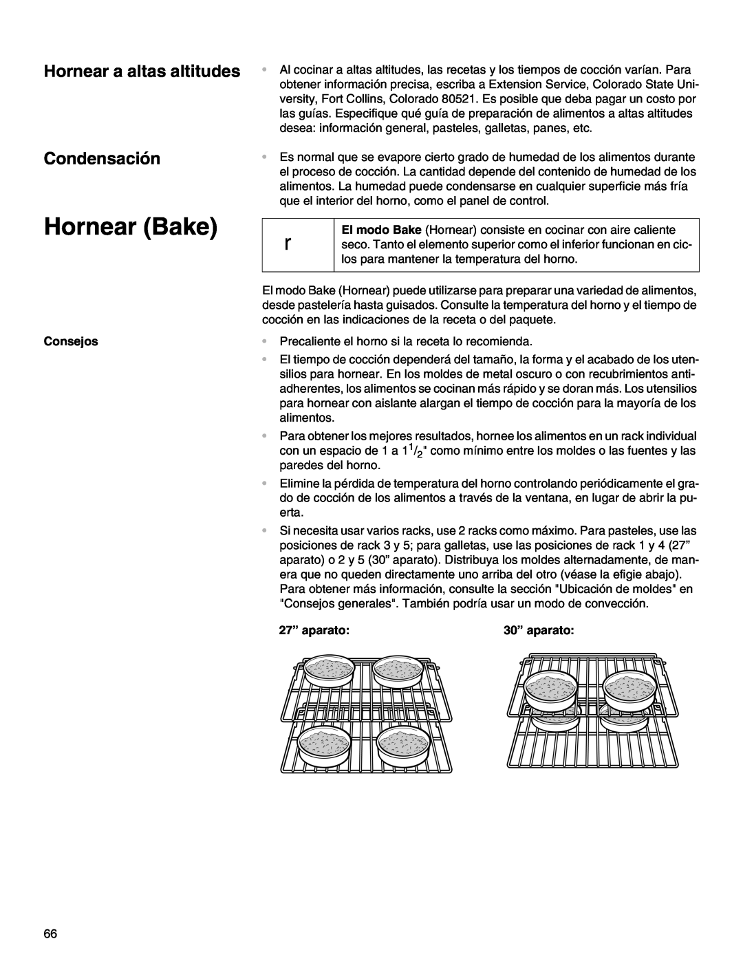 Thermador M271E, M301E manual Hornear Bake, Hornear a altas altitudes Condensación, Consejos, 27” aparato, 30” aparato 