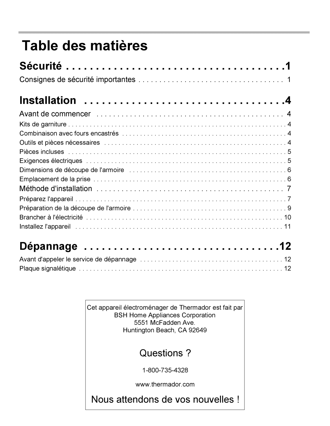 Thermador MCT27E, MCT30E installation manual Table des matières, Sécurité, Dépannage 