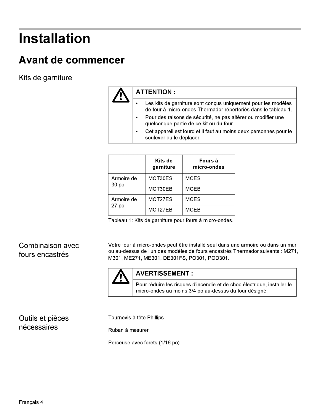 Thermador MCT27E Avant de commencer, Kits de garniture, Combinaison avec fours encastrés, Outils et pièces nécessaires 