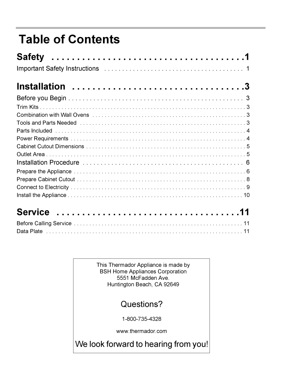 Thermador MCT27E, MCT30E installation manual Table of Contents 