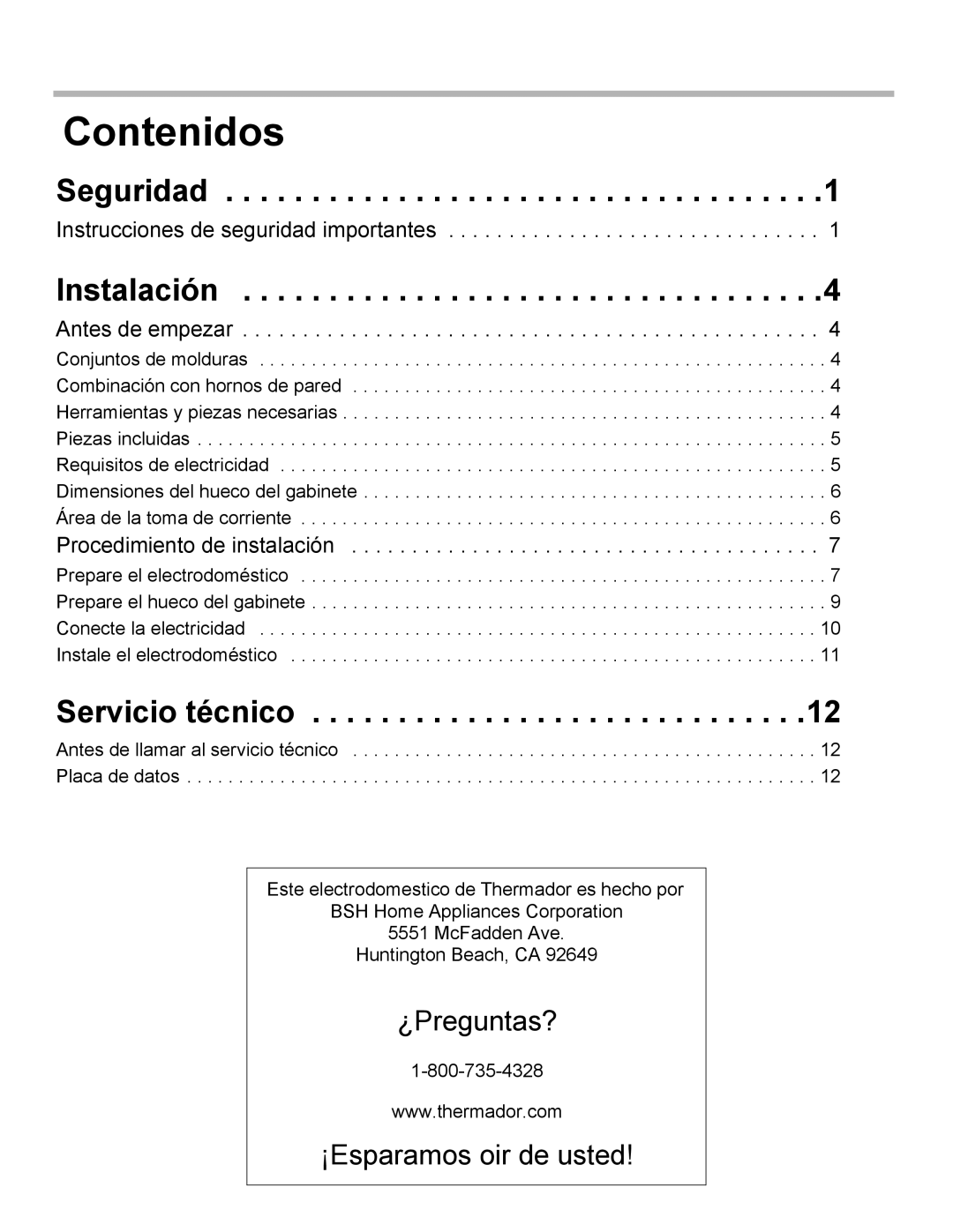 Thermador MCT27E, MCT30E installation manual Contenidos, Seguridad, Instalación, Servicio técnico 