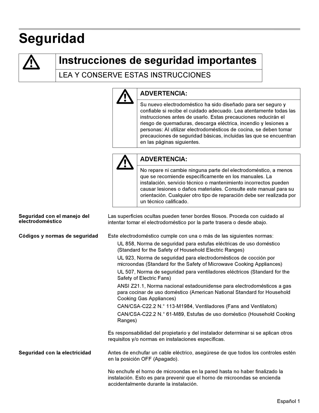 Thermador MCT30E, MCT27E installation manual Seguridad, Instrucciones de seguridad importantes 