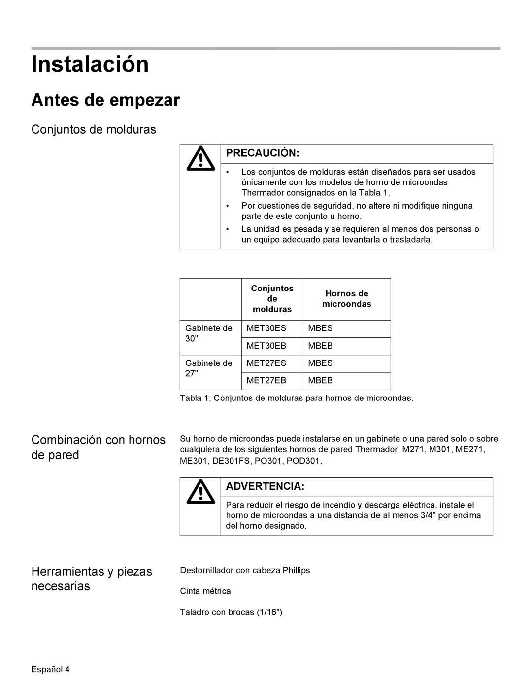 Thermador MCT27E, MCT30E Instalación, Antes de empezar, Conjuntos de molduras, Combinación con hornos de pared 