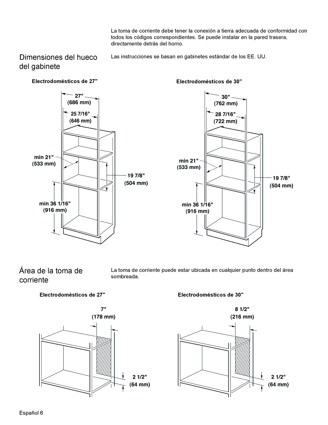 Thermador MCT27E, MCT30E Dimensiones del hueco del gabinete, Área de la toma de corriente, Electrodomésticos de 