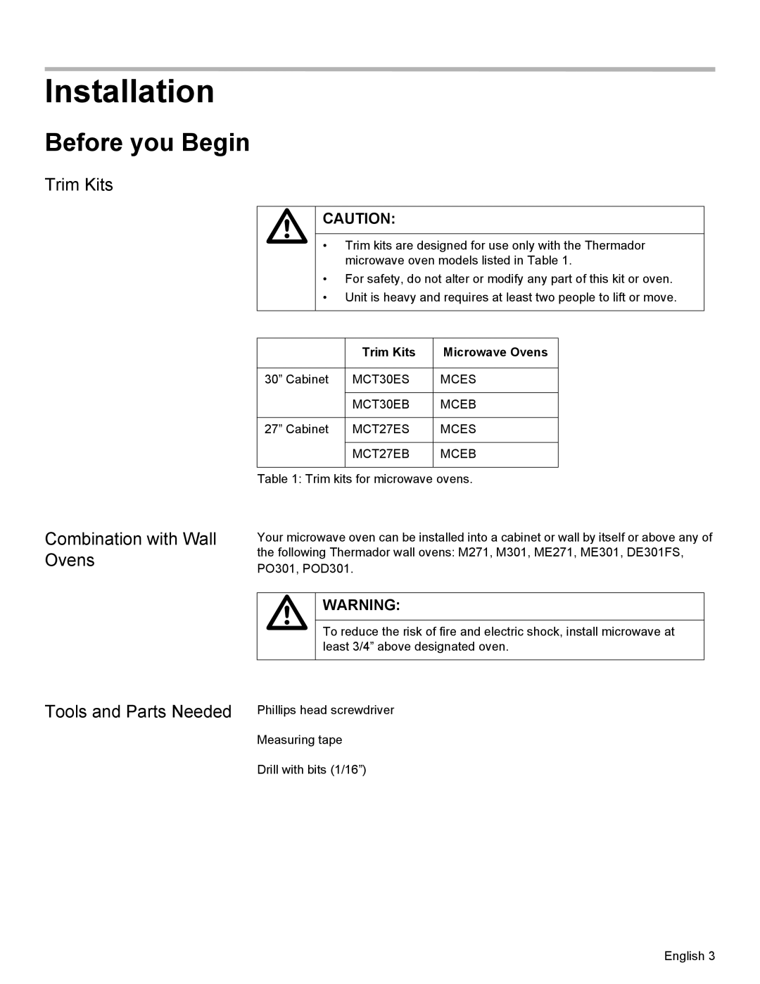 Thermador MCT30E, MCT27E Installation, Before you Begin, Combination with Wall Ovens, Trim Kits Microwave Ovens 